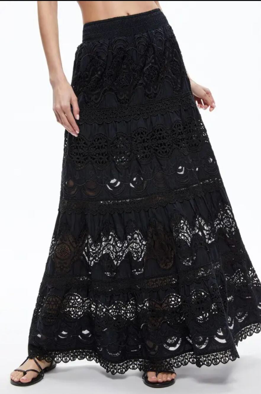 Alice + Olivia Cali Black Eyelet Lace Tiered Maxi Skirt Cotton XL Whimsigoth